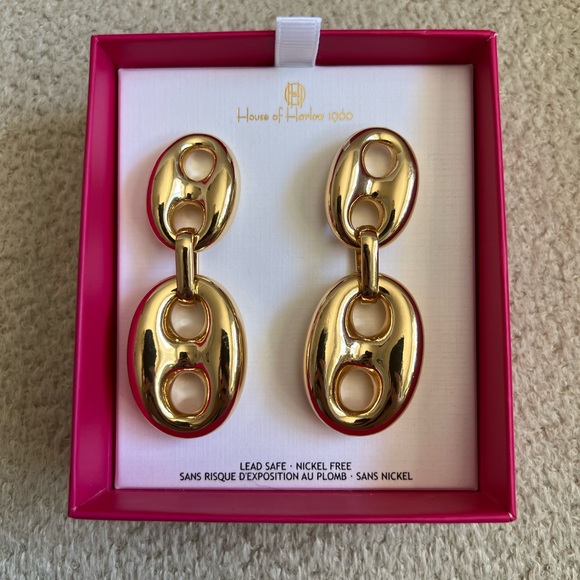 House of Harlow 1960 Gold Statement Link Earrings — Oval Chain Drop - Picture 2 of 6